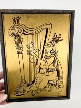 Vintage Mid Century Metal Wall Hanging Cartoon Woman Queen Playing Harp Mcm
